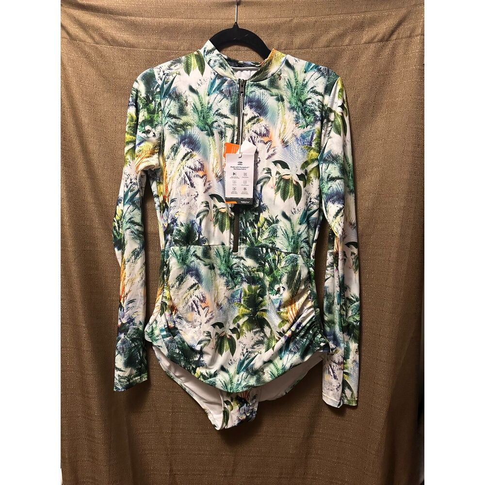 NWT Axesea Side Ruching Long Sleeve One Piece Swimsuit Coconut Palm Sz 14UK 10US